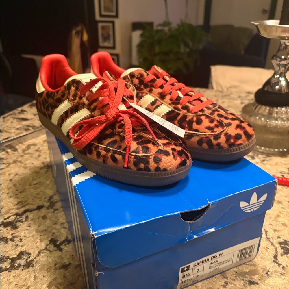 Adidas Kids Leopard Print Sneakers with Red Laces